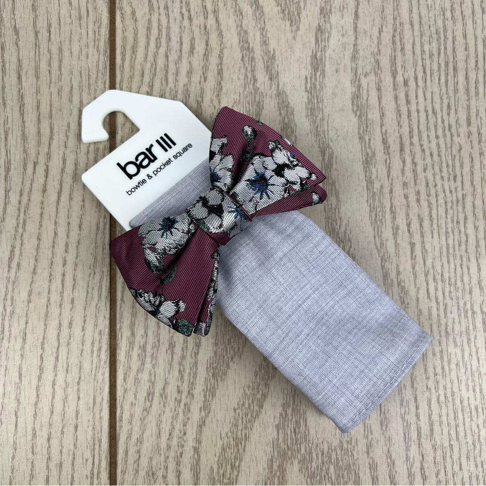 655 Bar III Men's Bowtie & Pocket Square Set OS Maroon/Wine Floral Grey $55